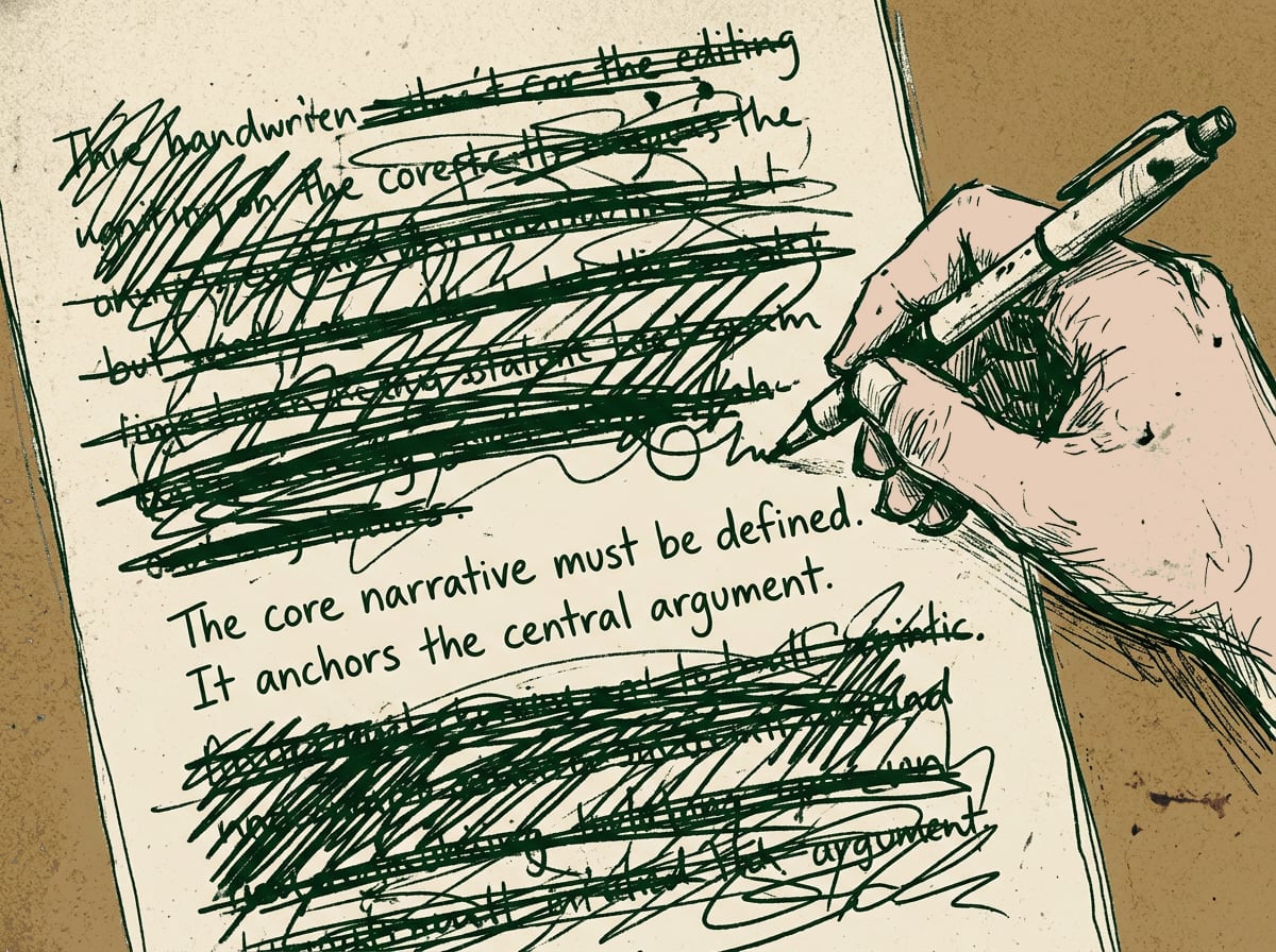 Illustration of a hand crossing out most of a handwritten draft, leaving only a few sentences untouched
