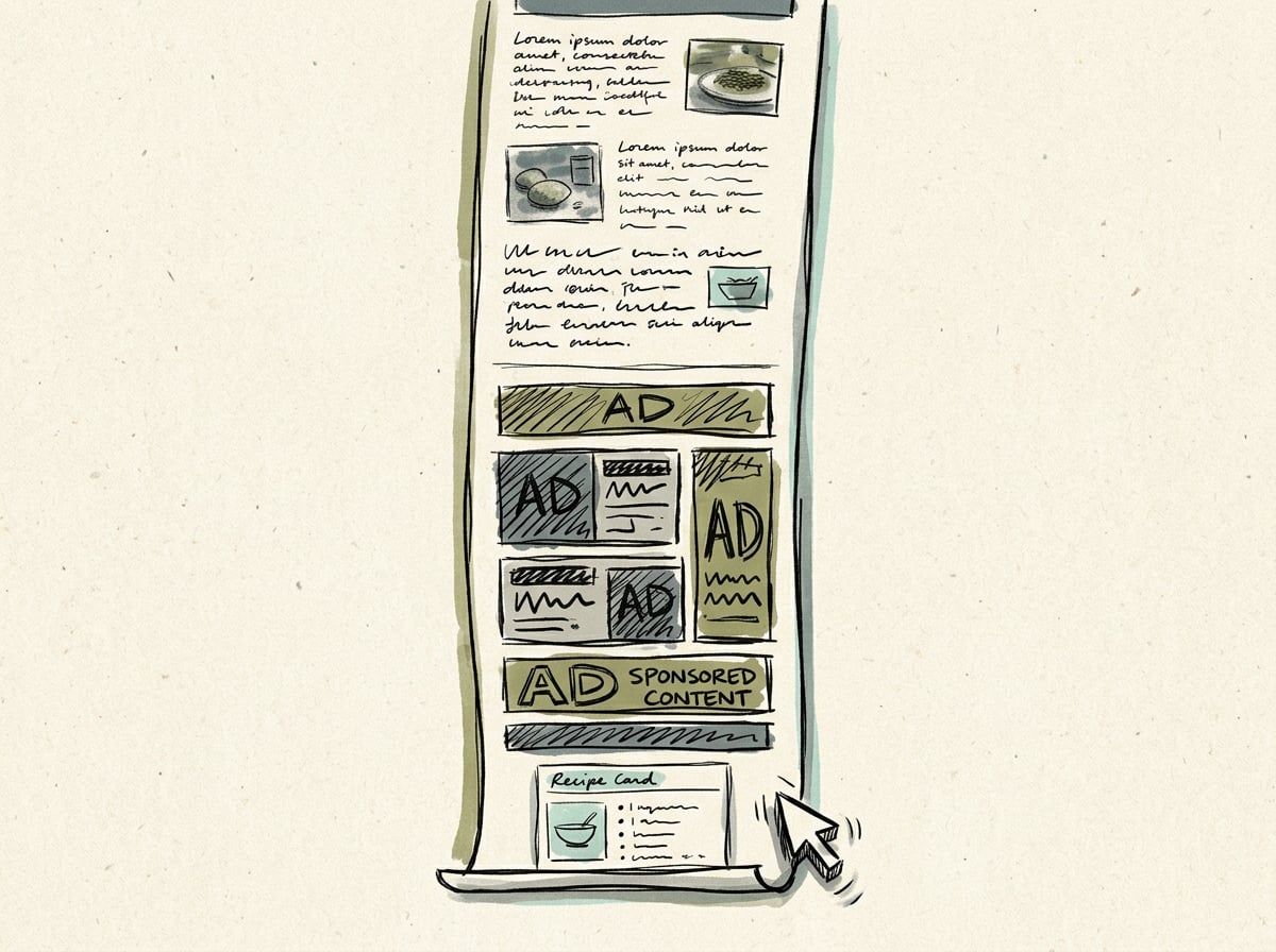 Illustration of an overly long recipe webpage with a life story and stacked ads burying the actual recipe at the bottom