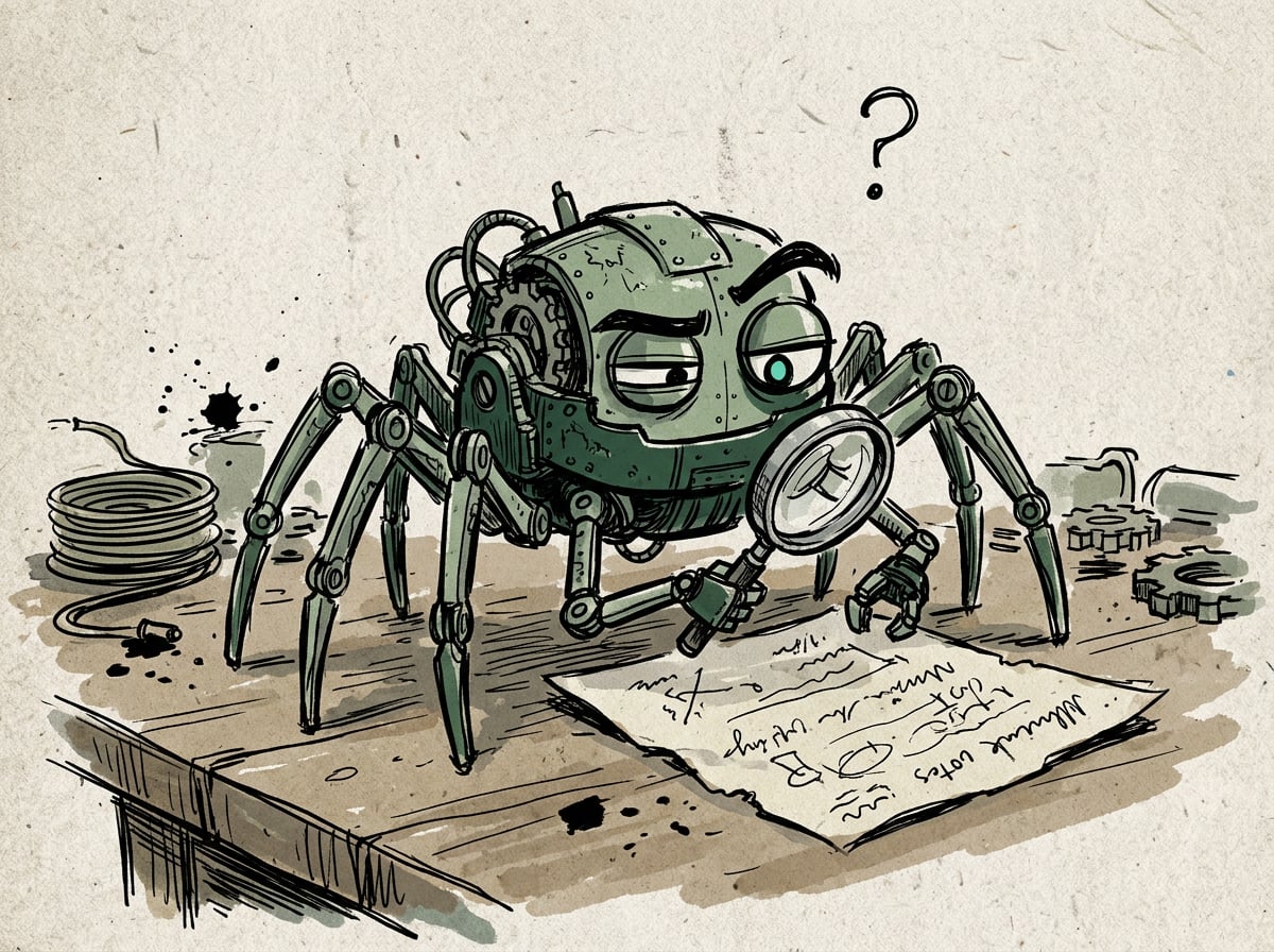 Illustration of a small robot crawler character examining a webpage with a magnifying glass and a skeptical expression