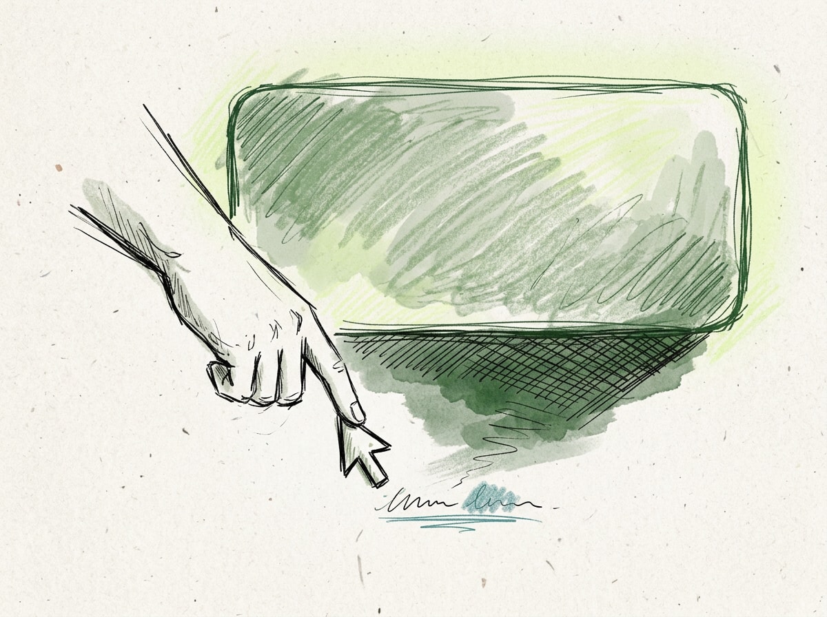 Illustration of a hand reaching for a shrinking search result link while a growing AI answer box casts a shadow over it