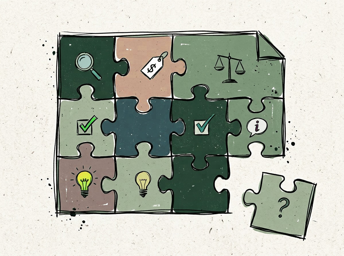 Illustration of an interlocking puzzle page made of multiple connected facet pieces next to one disconnected single keyword piece