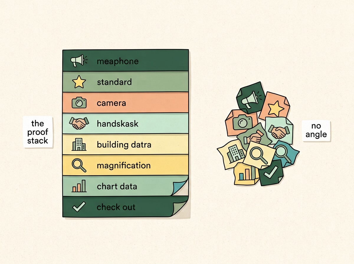 Illustration of eight neatly stacked proof layers forming one organized page versus the same eight elements crumpled into a disorganized pile