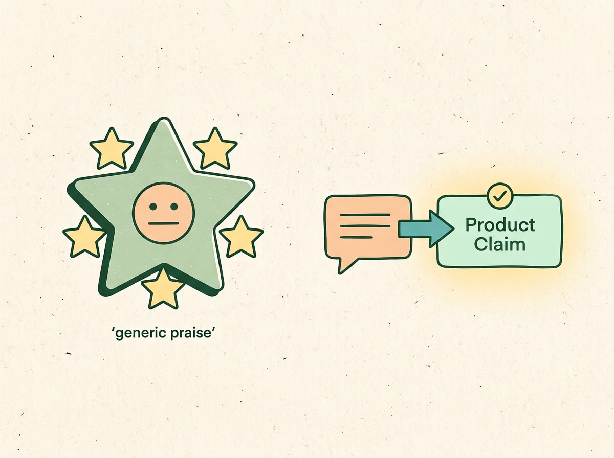 Illustration comparing a generic disconnected star rating badge against a specific review connected directly to the product claim it supports