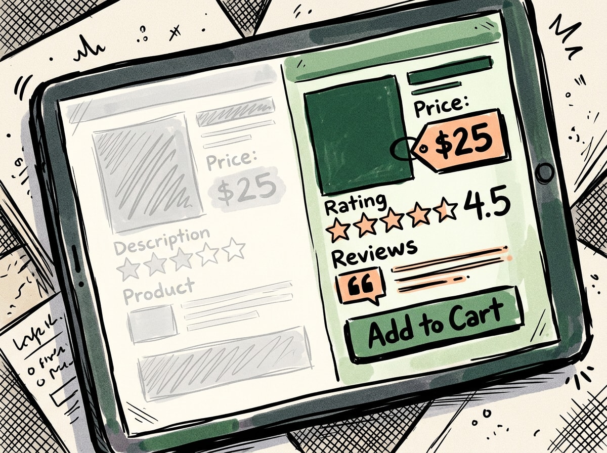 Illustration comparing a blank generic product page against a detailed product page with pricing, ratings, and citations