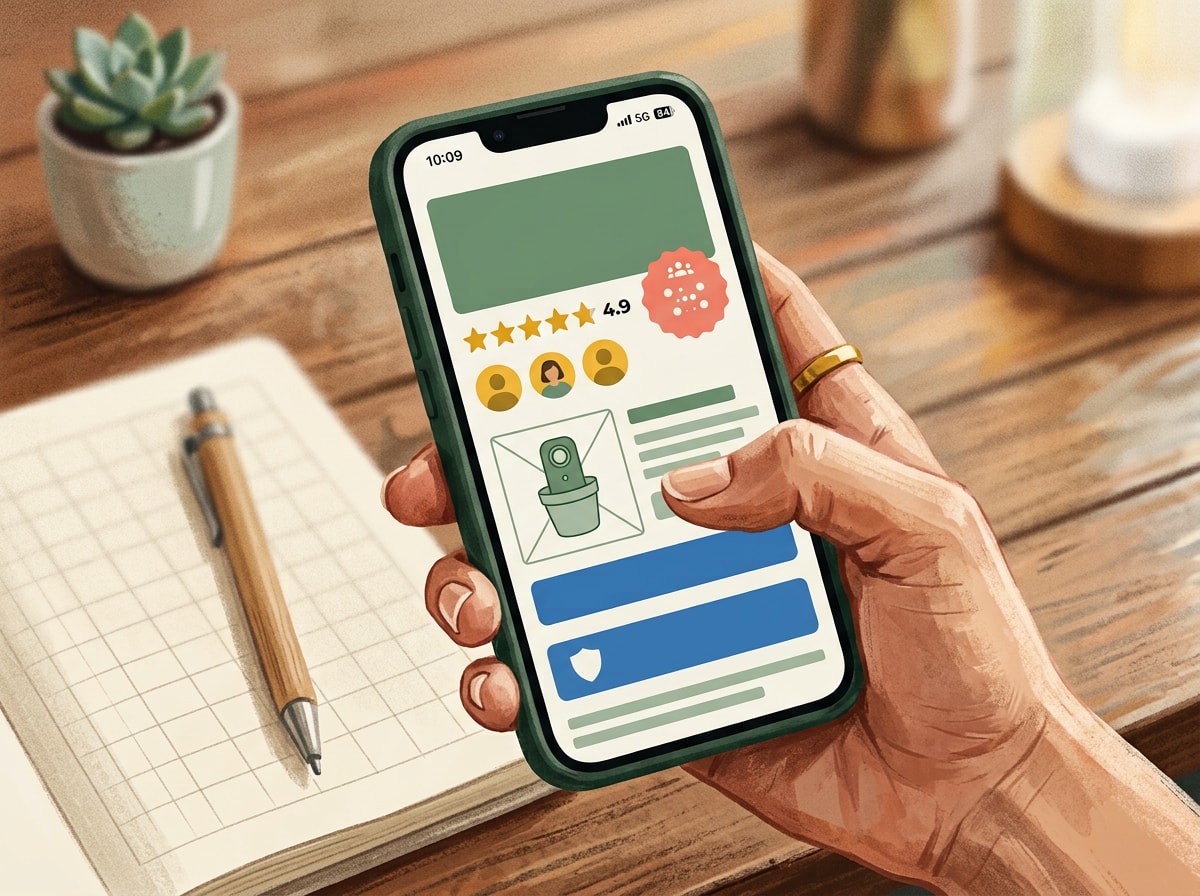 Illustration of a hand holding a phone displaying a landing page stacked with star ratings, review badges, and trust signals
