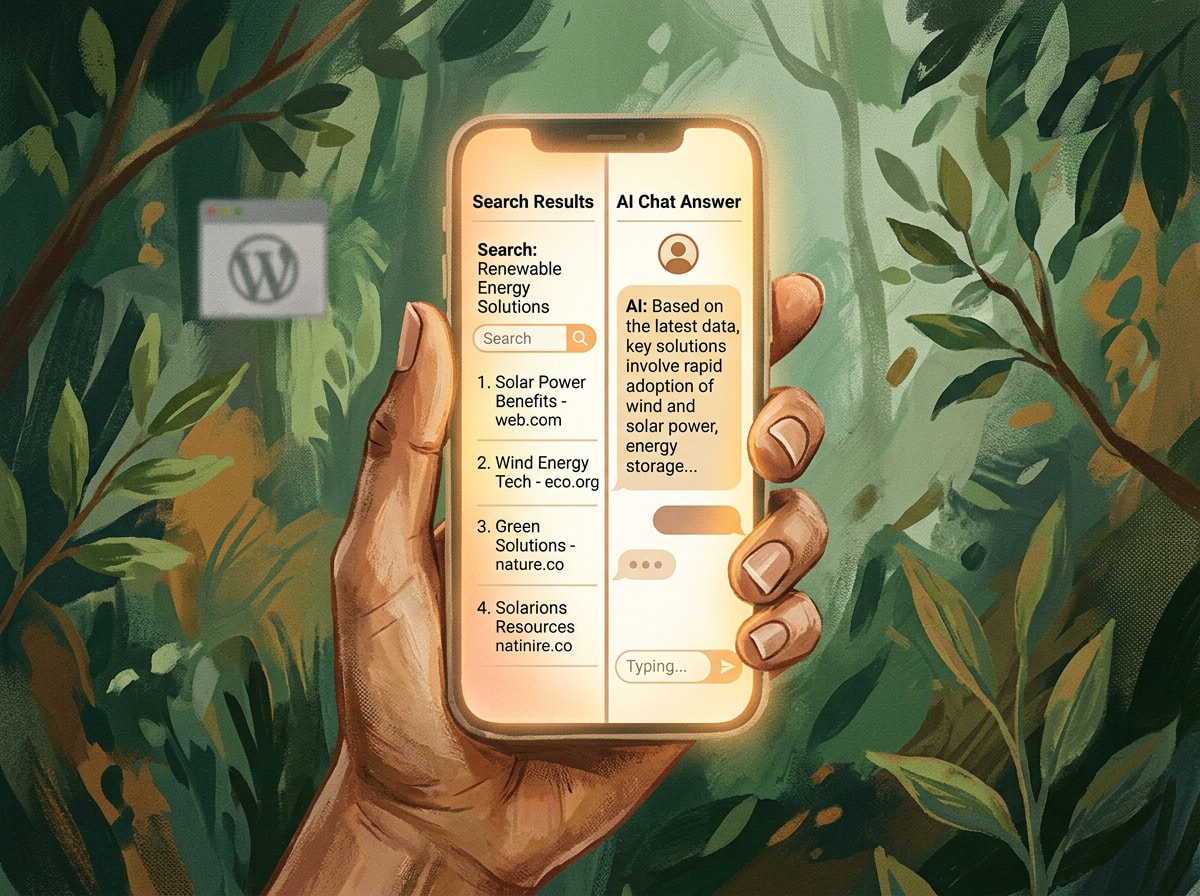 Illustration of a phone glowing with a search result and AI answer while a website sits quiet and unvisited in the background