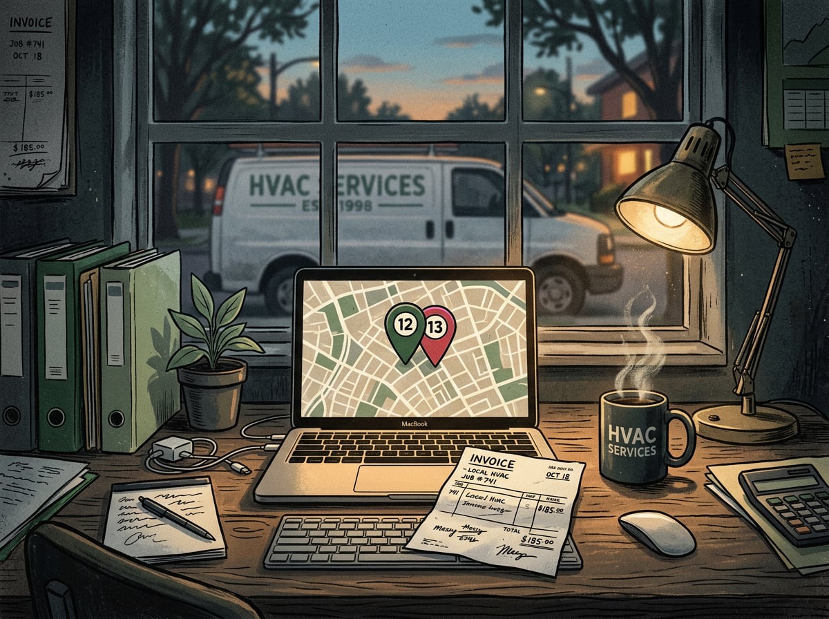A cluttered small business desk with a laptop showing overlapping duplicate map pins