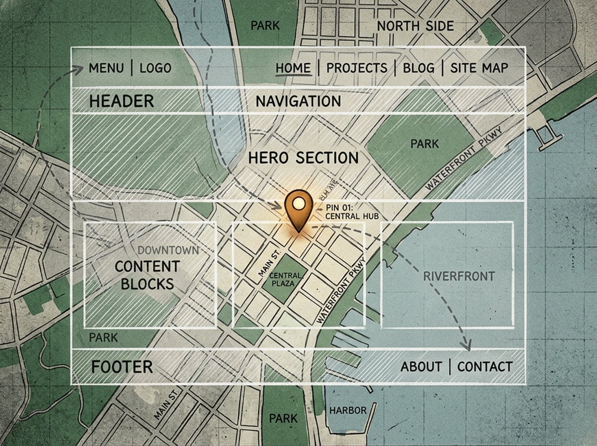 A blueprint-style website layout overlaid on a city map with connecting lines to a map pin