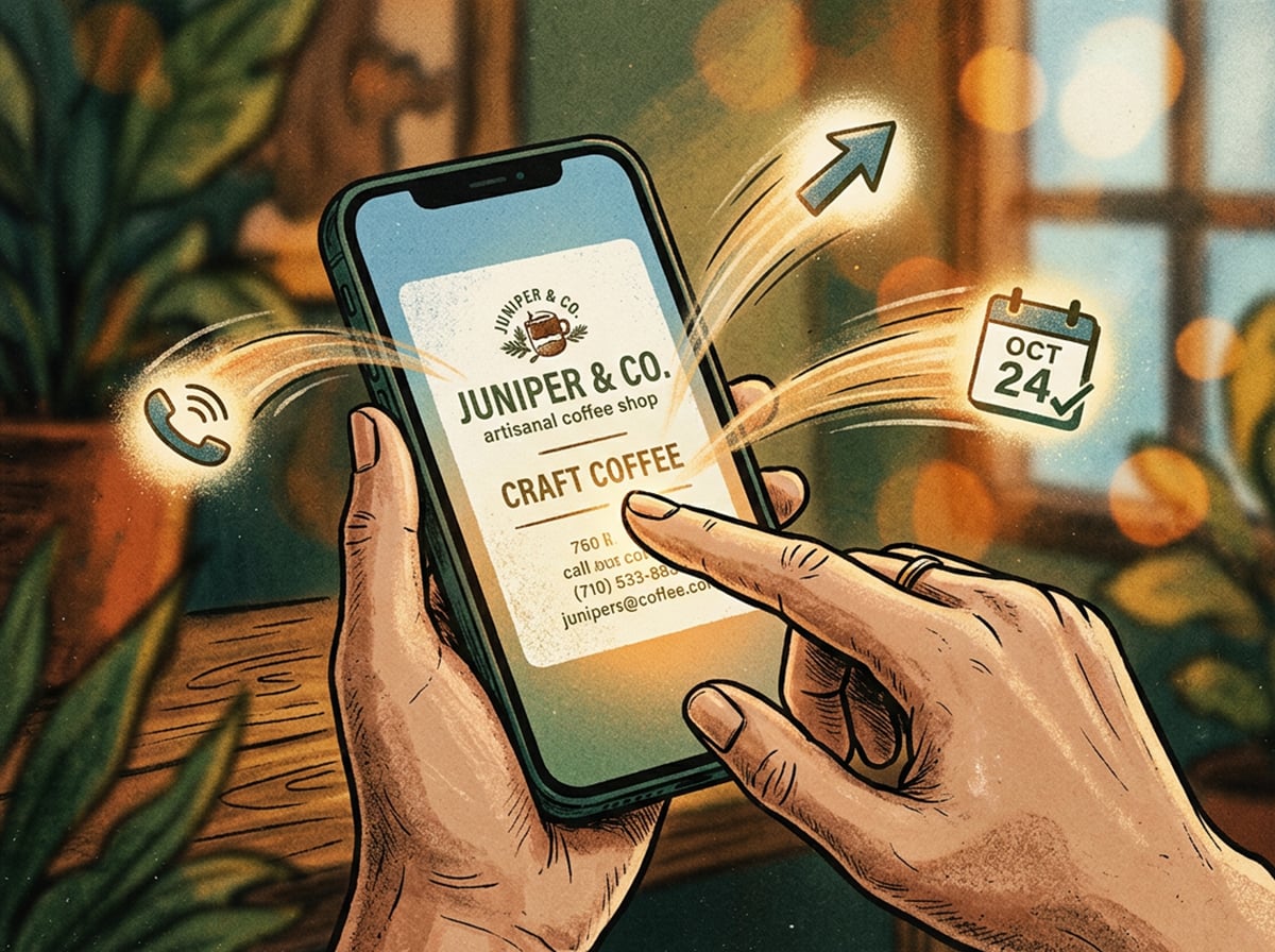 A hand tapping a smartphone screen with icons radiating outward for call, directions, and booking