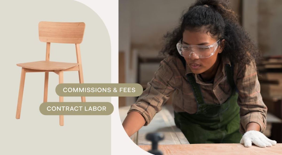 Image of a woman with black hair leaning forward. The woman is wearing a glove on one hand and safety googles on her face. To the left of the woman, there is a separate image that shows a wooden chair. 