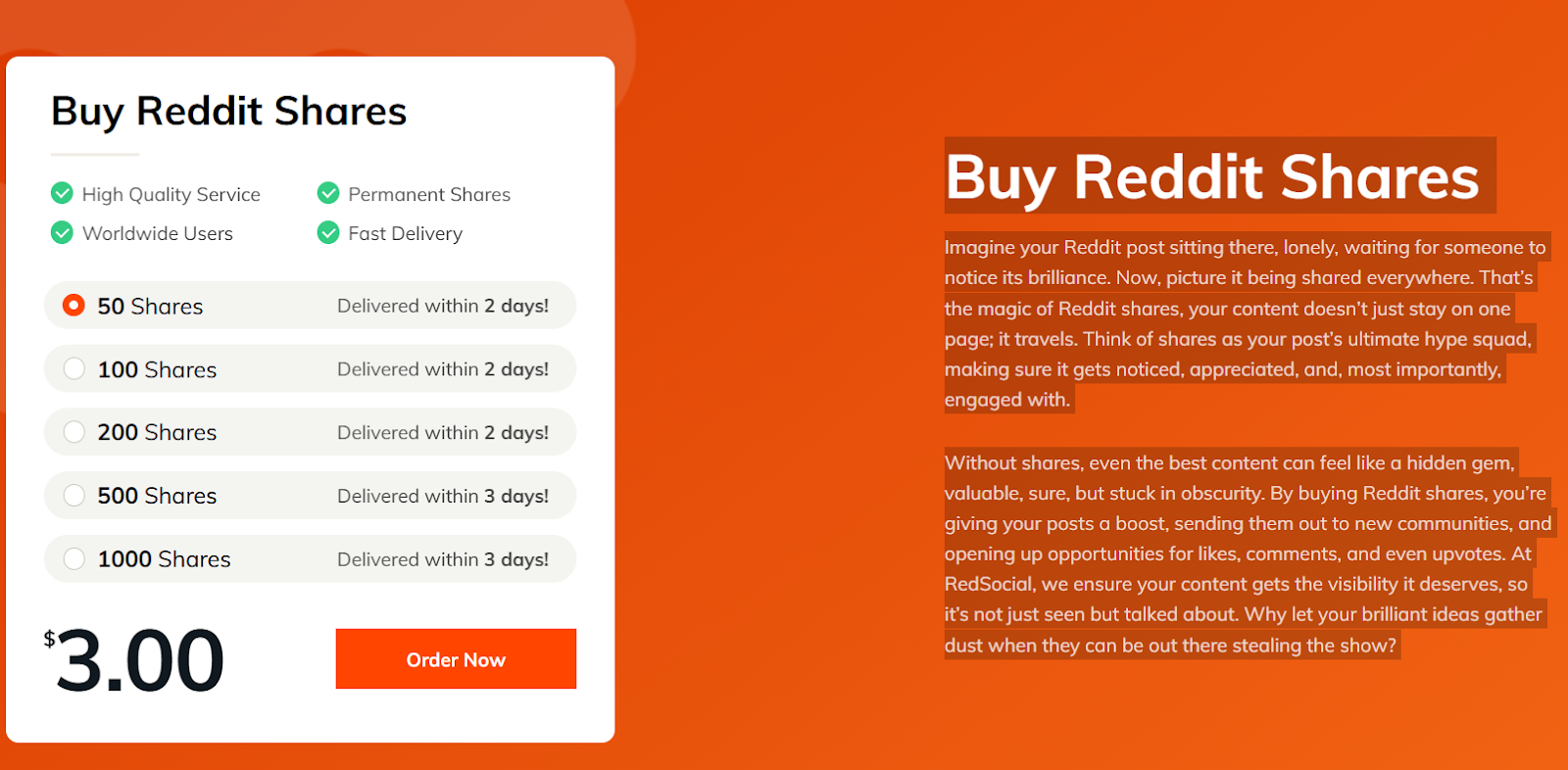 Image of a website location where you can buy Reddit shares. The page also gives an overview of how Reddit shares work, and what they can do for your business.
