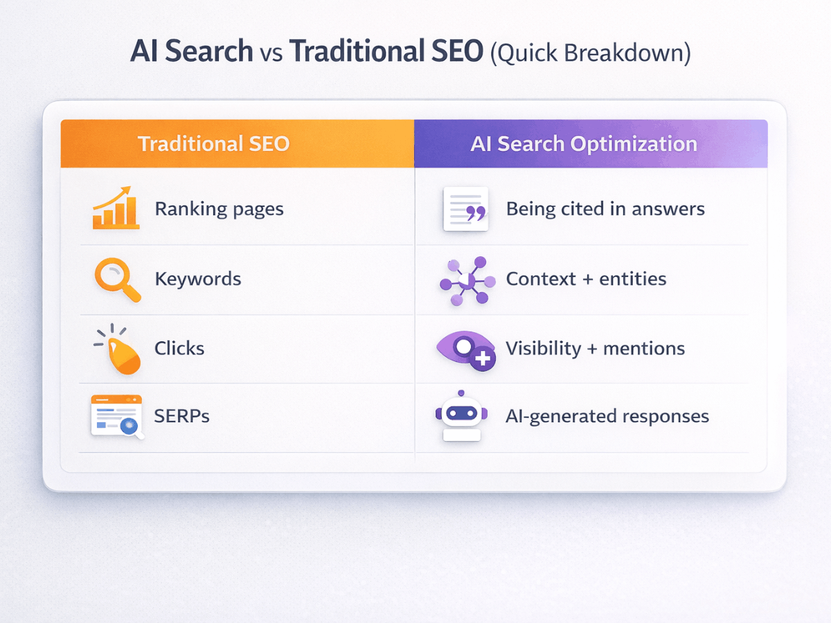 Comparison chart showing differences between traditional SEO and AI search optimization, including ranking pages vs being cited in AI-generated answers