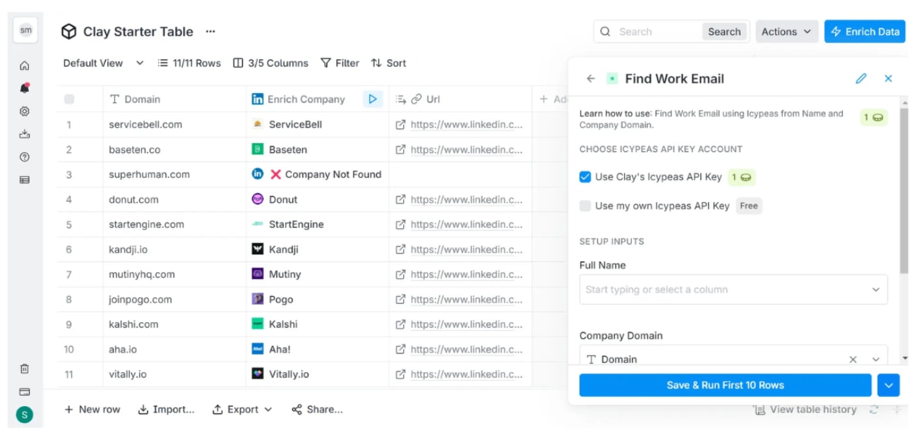 Screenshot of a Clay workspace showing a lead enrichment table with company domains, LinkedIn data, and a Find Work Email workflow using Icypeas API.