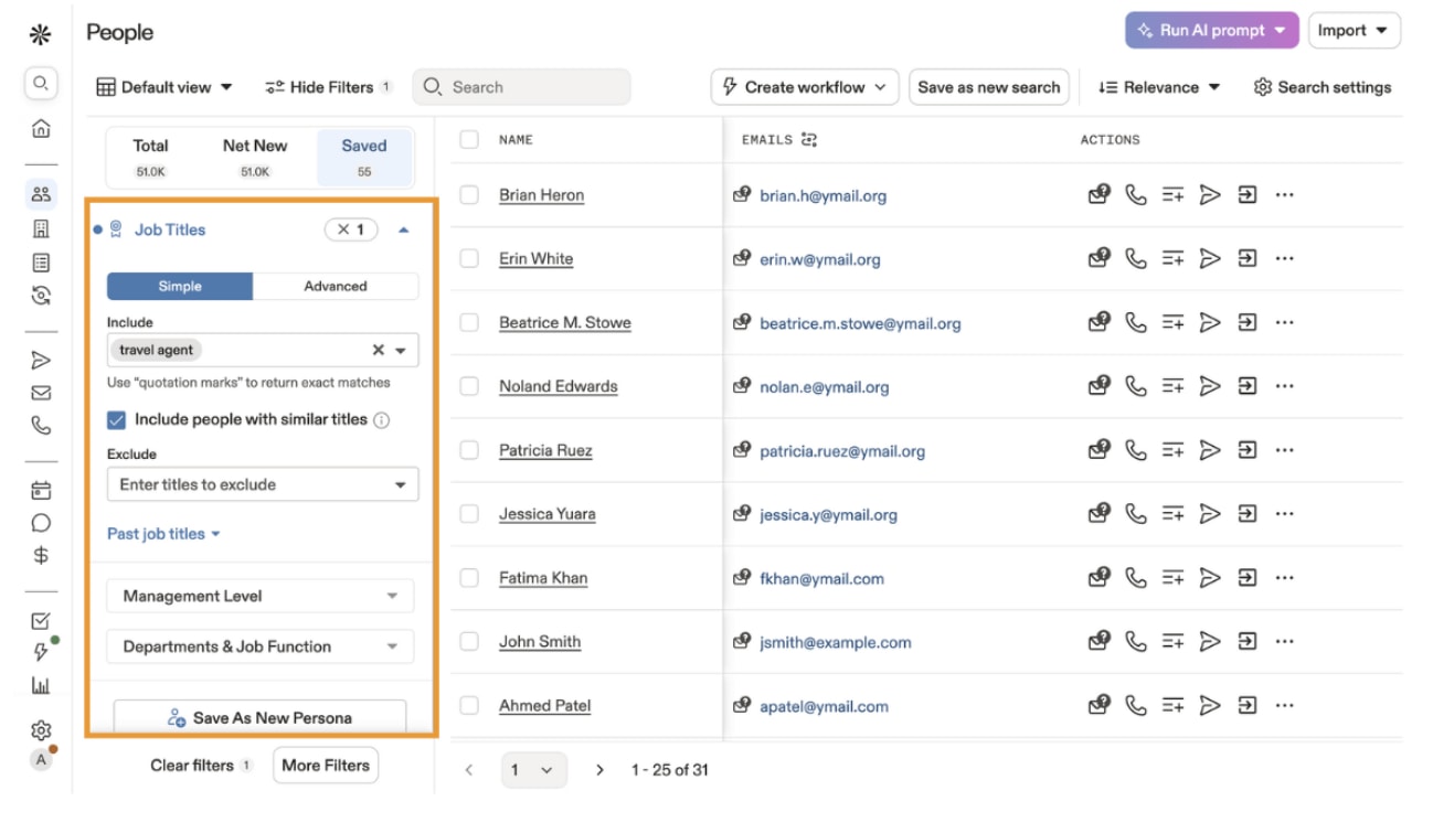 Screenshot of Apollo’s people search interface showing job title filters, saved prospects, and verified email contacts for B2B lead generation.