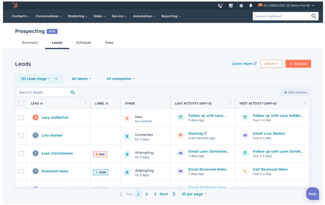 Screenshot of HubSpot’s prospecting leads dashboard showing AI-driven lead stages, follow-up automation, and sales activity tracking.