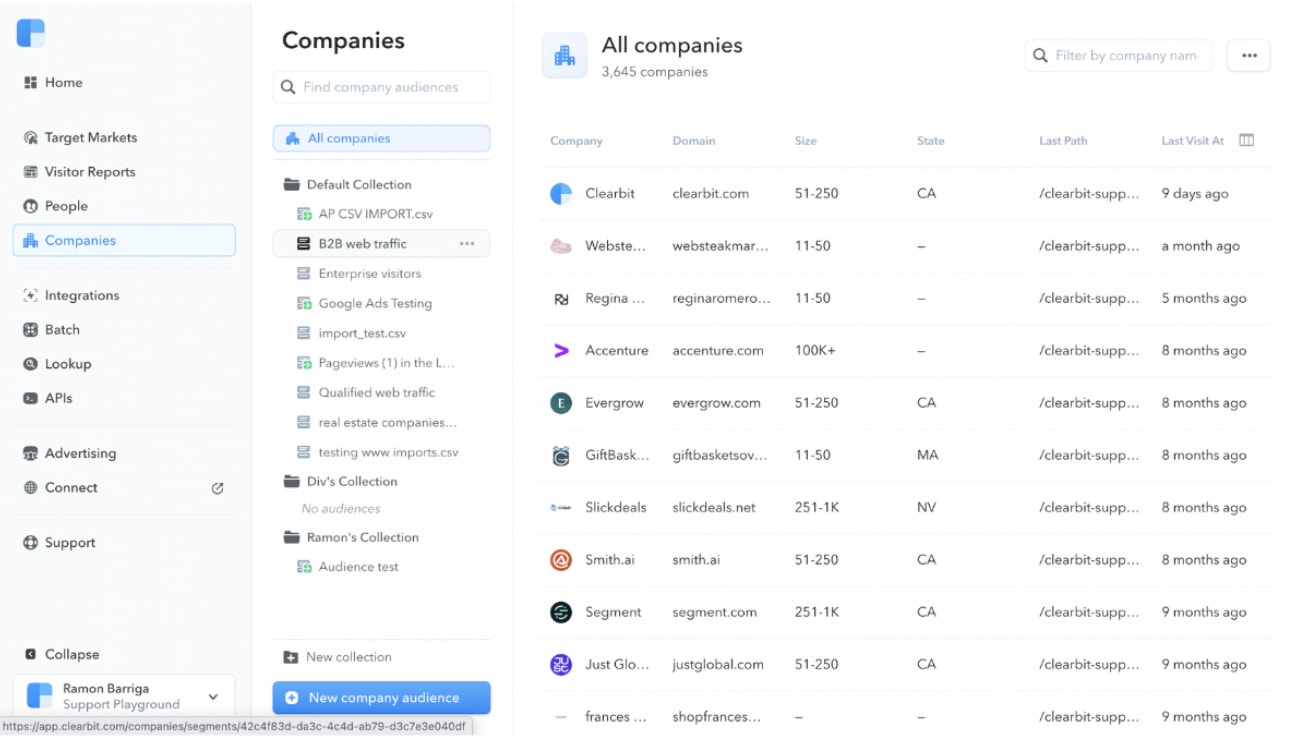 Screenshot of Clearbit’s companies dashboard showing firmographic data, company audiences, web traffic segments, and account intelligence.