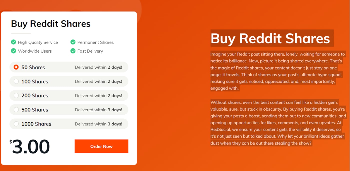 Image of a website location where you can buy Reddit shares. The page also gives an overview of how Reddit shares work, and what they can do for your business. 