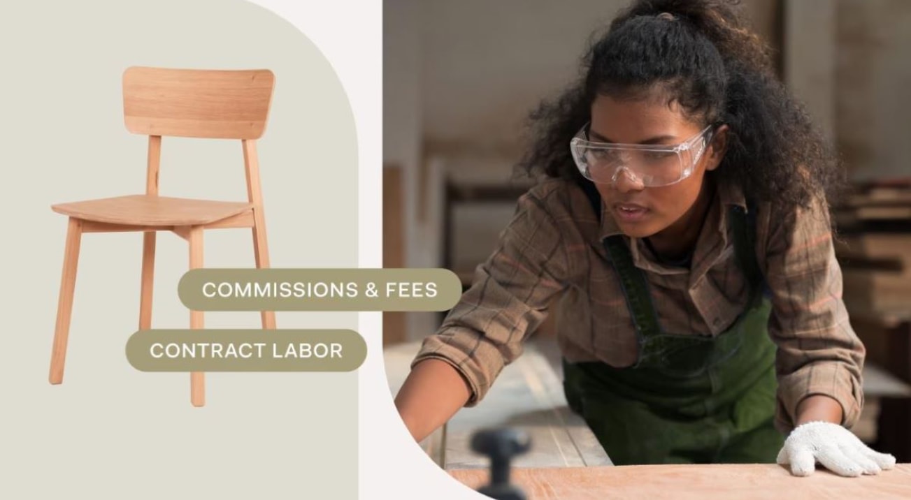 Image of a woman with black hair leaning forward. The woman is wearing a glove on one hand and safety googles on her face. To the left of the woman, there is a separate image that shows a wooden chair.