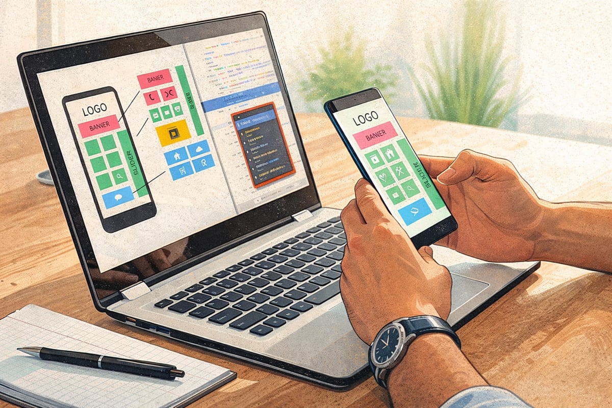Infographic illustrating steps to build a mobile app for business, featuring design, development, and launch phases.