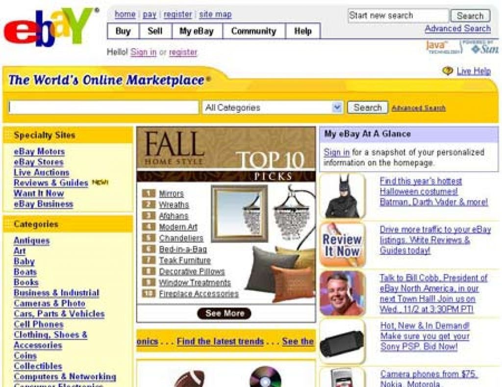 eBay before the redesign (the yellow color dominates in design).
