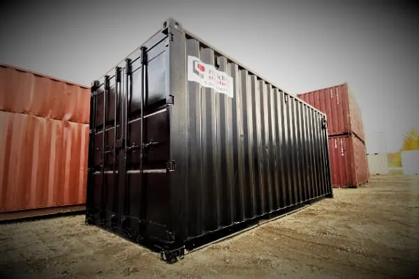 front view of a black 20ft shipping container