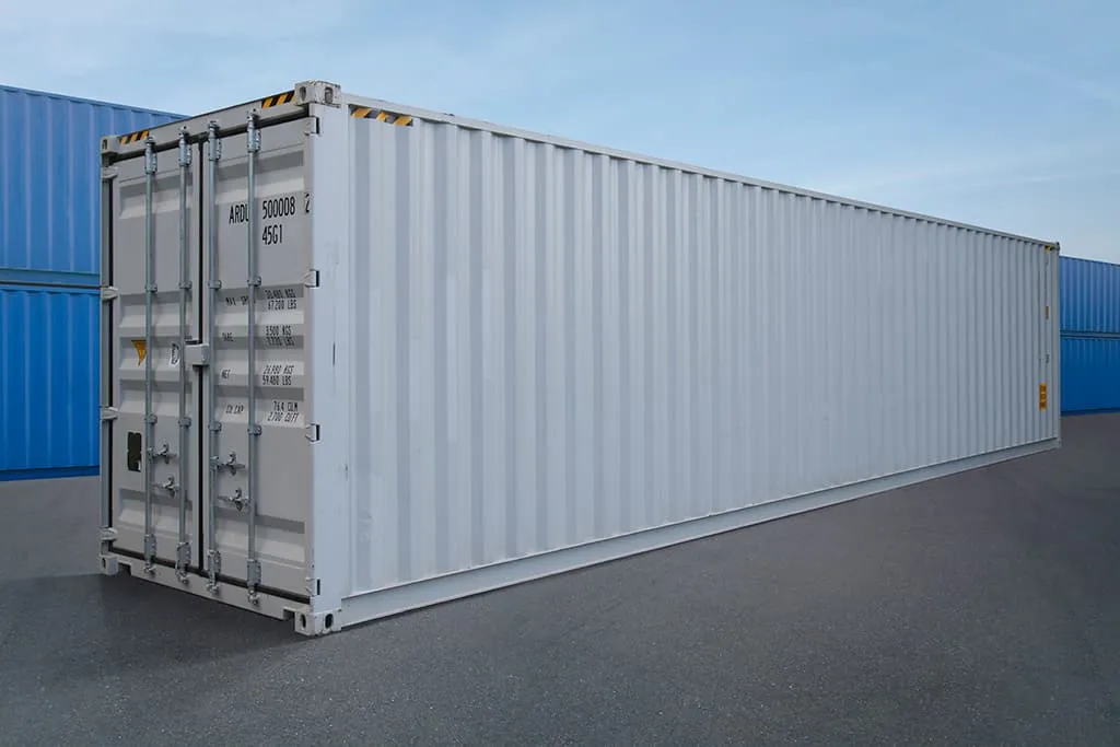 side view of a 40ft white shipping container