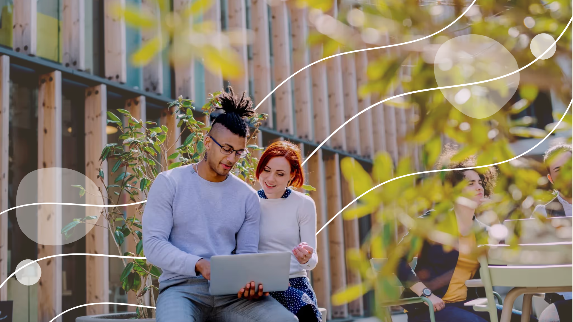 Happy woman on computer with overlaying image of phone showing home screen of cabana app