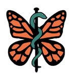 Orange butterfly wings with black veins and a teal medical staff with a snake in the center.