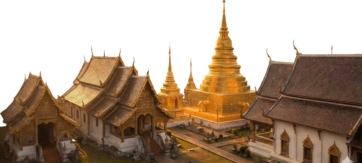 Gold-colored temple with tiered roofs and a large golden pagoda in the center under warm light.