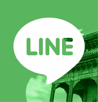 LINE app logo on a green background with a traditional Asian building partially visible.