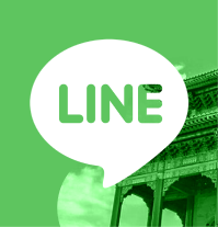 LINE app logo on a green background with a traditional Asian building partially visible.