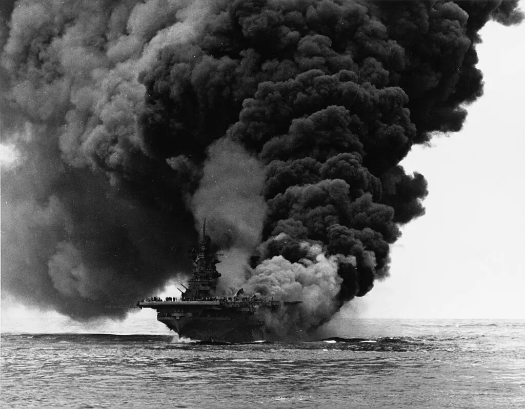 Smoke fills the sky as the fire rages on Bunker Hill on 11 May 1945