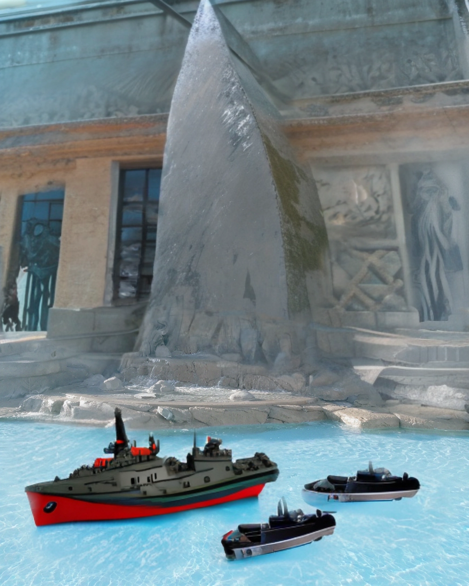 Toy boats floating in a pool. The backdrop is an alien looking structure.