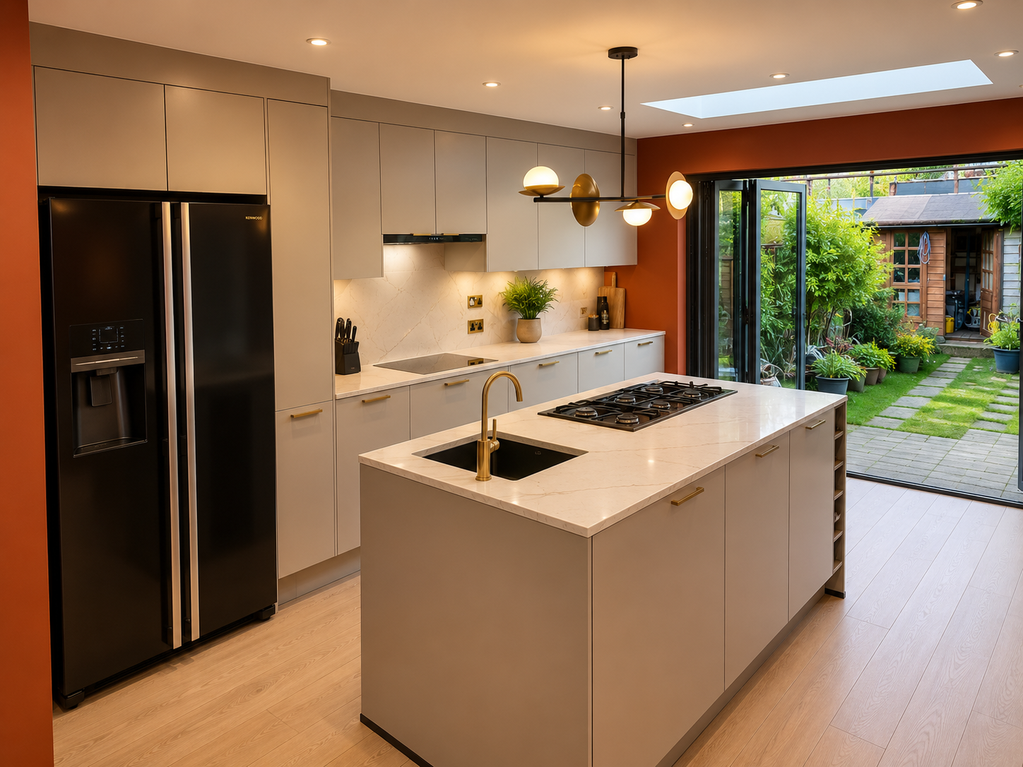 Open-plan kitchen diner with aluminium bifold doors in a rear extension, Walthamstow E17