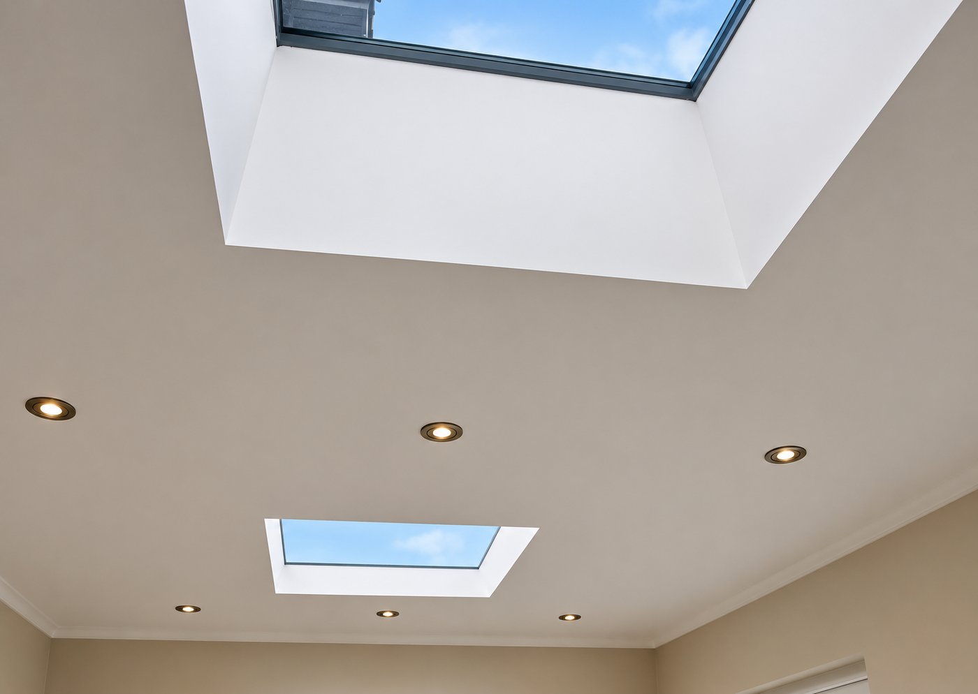 Twin flat-roof skylights and downlights washing the new rear extension with daylight, Farnham, Surrey GU9