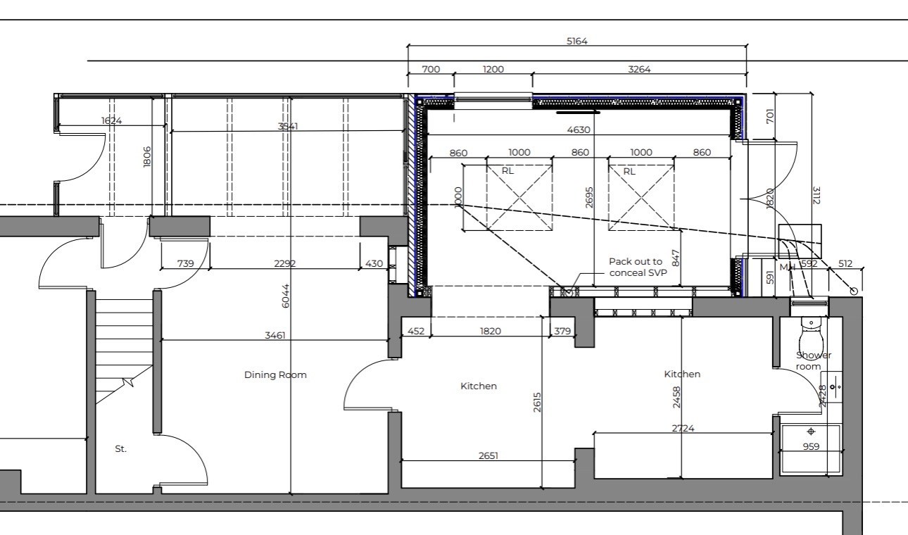 Approved building control floor plans and elevations for the Farnham, Surrey GU9 rear extension