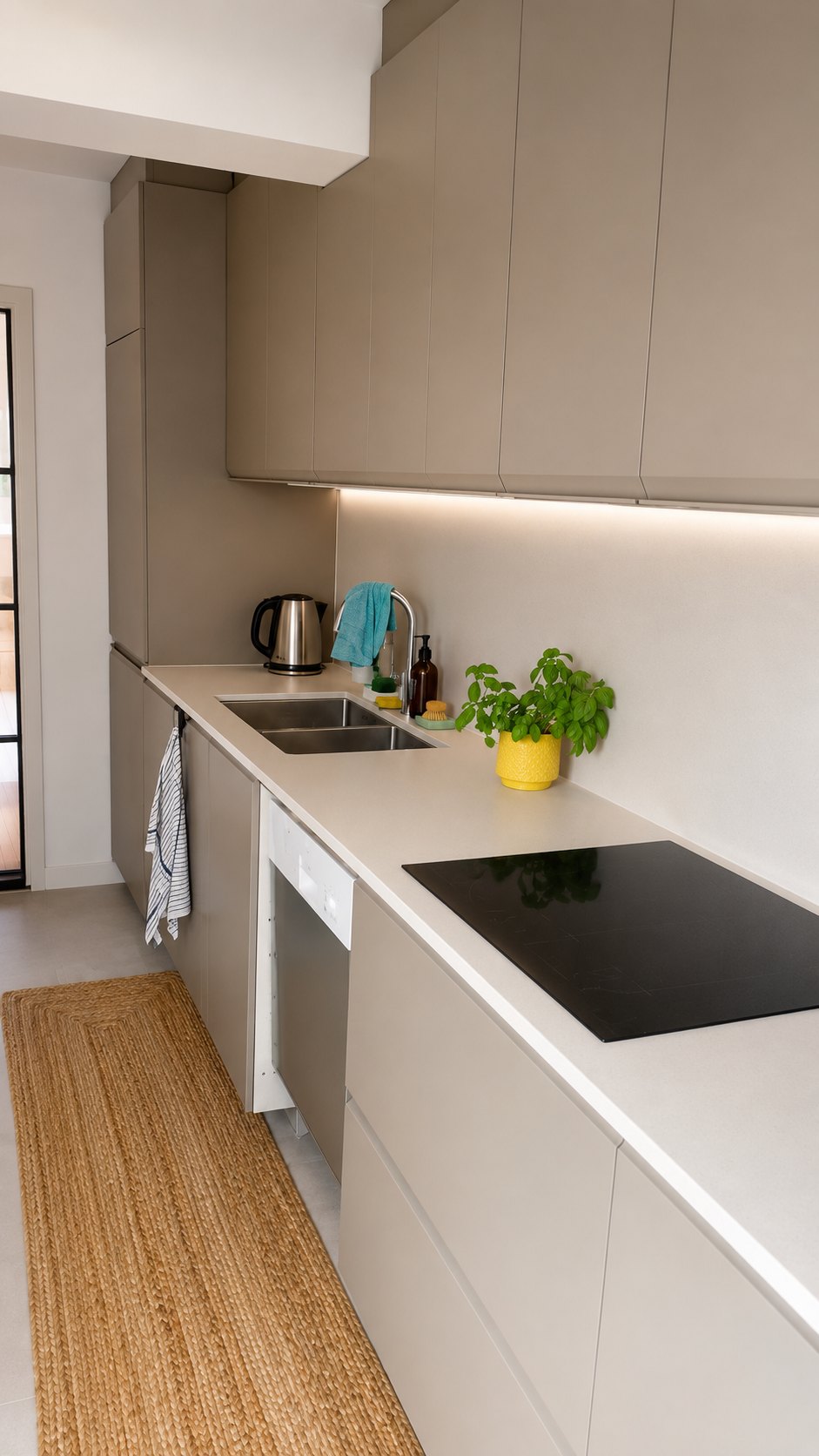 New kitchen worktop and cabinetry in the gallery-style kitchen, Brockley SE4