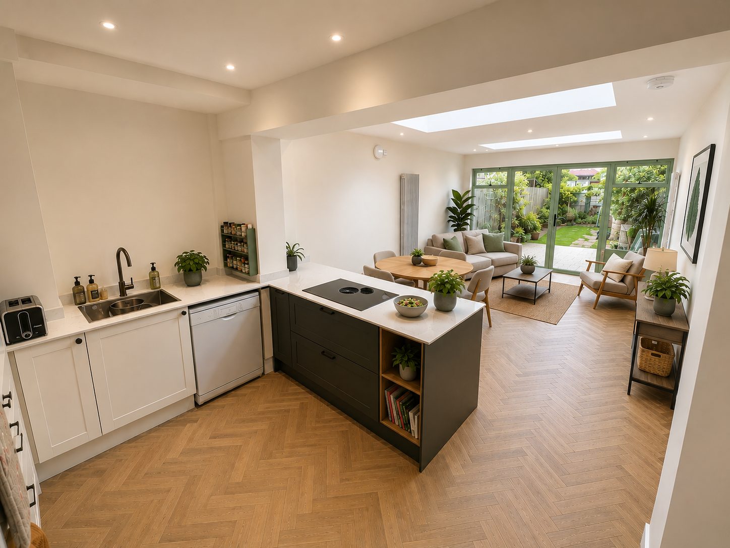 View from the kitchen island through the dining and snug zones to the garden, rear extension East Oxford OX4