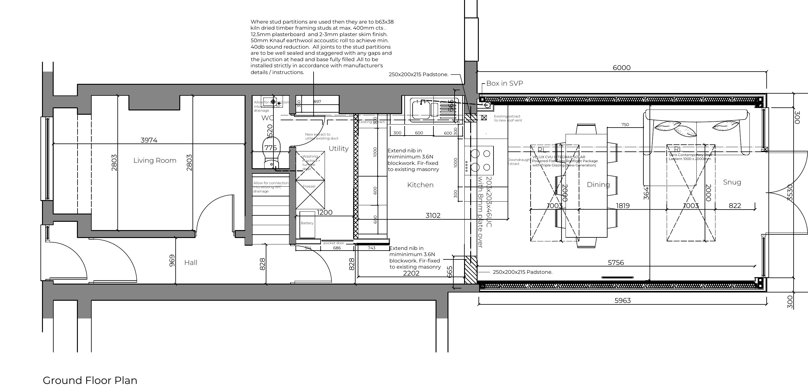 Proposed ground floor plan for the single-storey rear extension with kitchen, dining and snug zones, East Oxford OX4