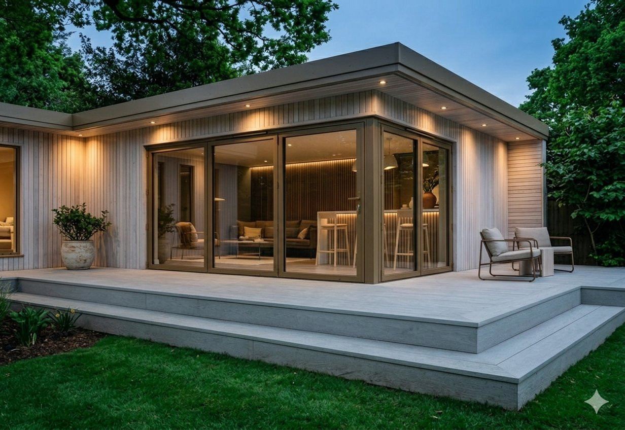 Modular granny annexe lit at dusk, built to Building Regulations
