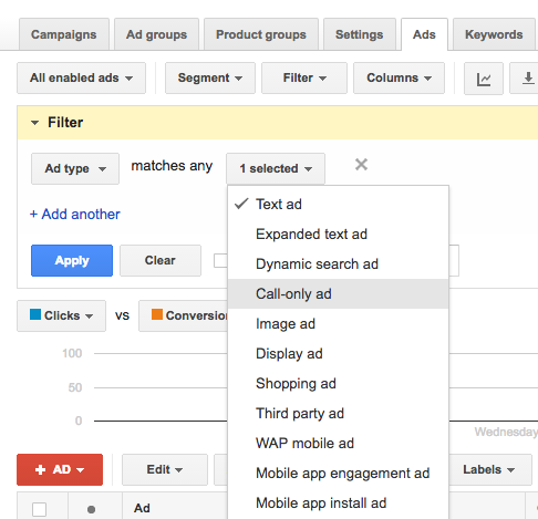 adwords filter select expanded text ads