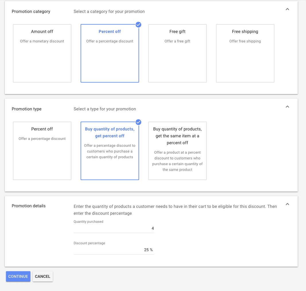 google shopping promotions percent off