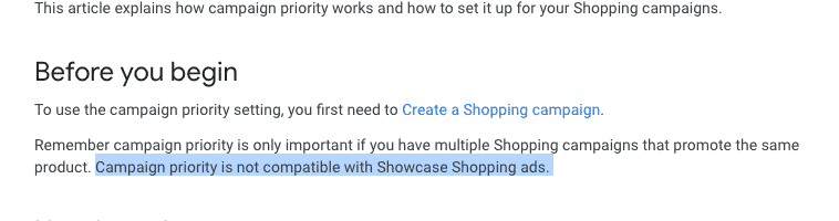 google priority settings showcase shopping ads