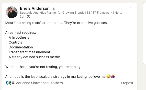 brie anderson of analytics fame discusses the actual framework for a successful test