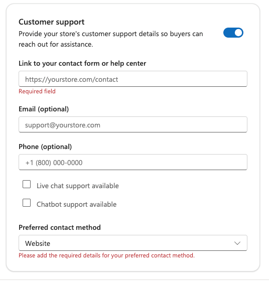 microsoft UCP settings customer support section