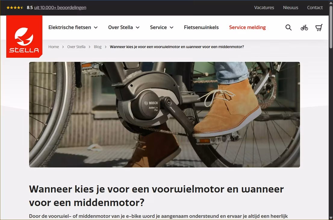 Voorbeeld van koopgerichte content. Een e-bikewebshop legt uit wanneer je kiest voor een voorwielmotor of een middenmotor
