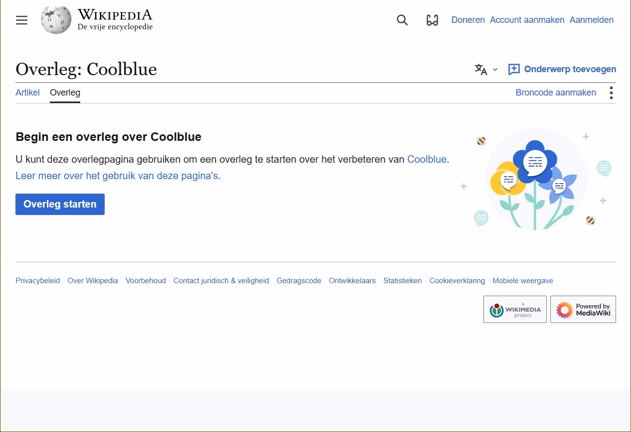 Schermafbeelding van de Wikipedia-overlegpagina over Coolblue waar anderen over het merk kunnen schrijven