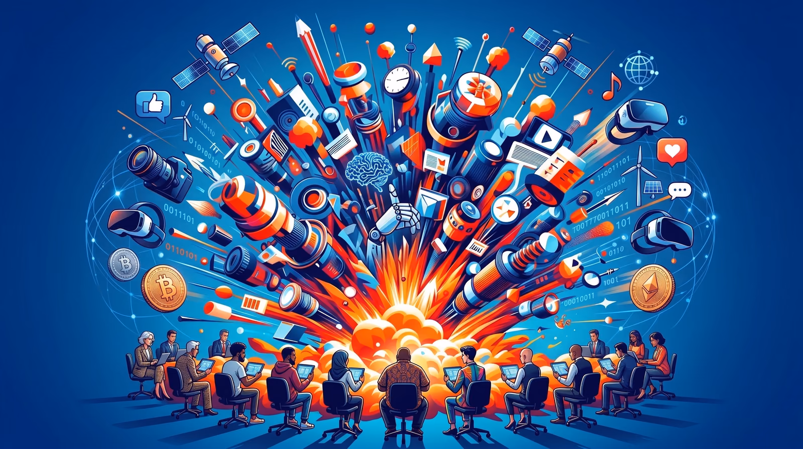 Explosie van apps, apparaten en berichten boven een groep mensen achter laptops, als beeld voor de enorme stroom AI-content.