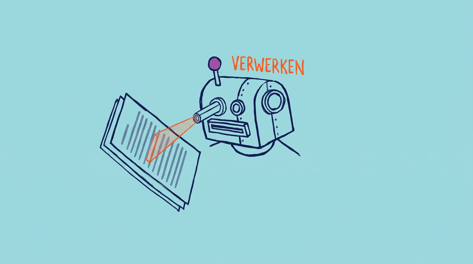 Getekende robot die met een lichtstraal een document scant, met het woord Verwerken, als beeld voor AI-detectie.