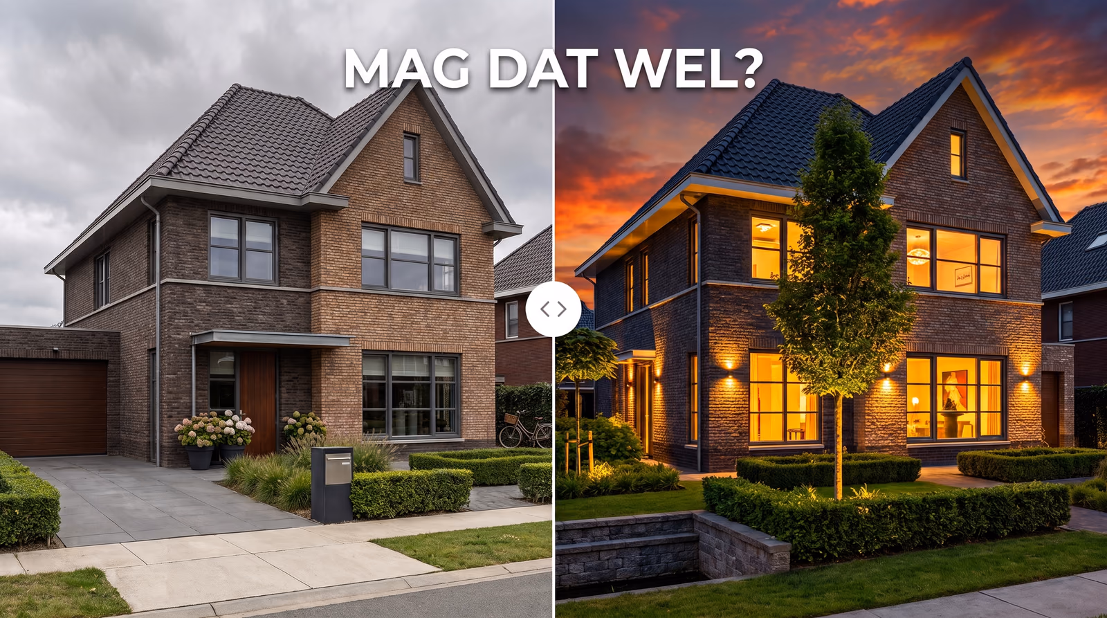 Dezelfde woning twee keer, links een gewone foto en rechts een met AI bewerkte versie met avondlicht, met de vraag of dat mag.
